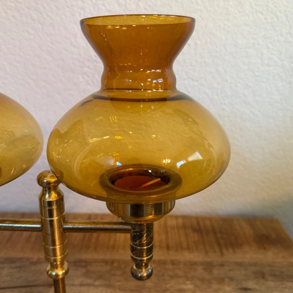 Vintage Brass Double Arm Candelabra Amber Glass Hurricane Tea Light Holder MCM